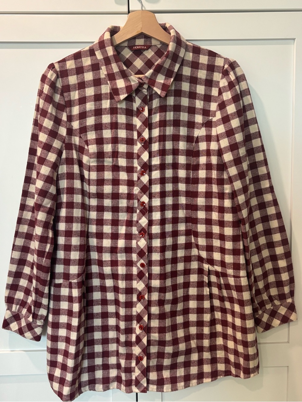 Teresia Burgundy & Cream Plaid Button-Up Tunic Shirt